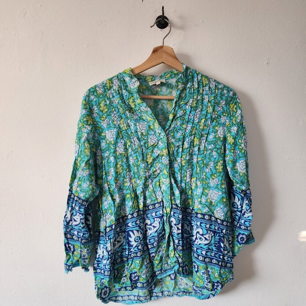 Womens Exclusively For Signals XL Boho Peasant Blouse Green Blue Bohemian